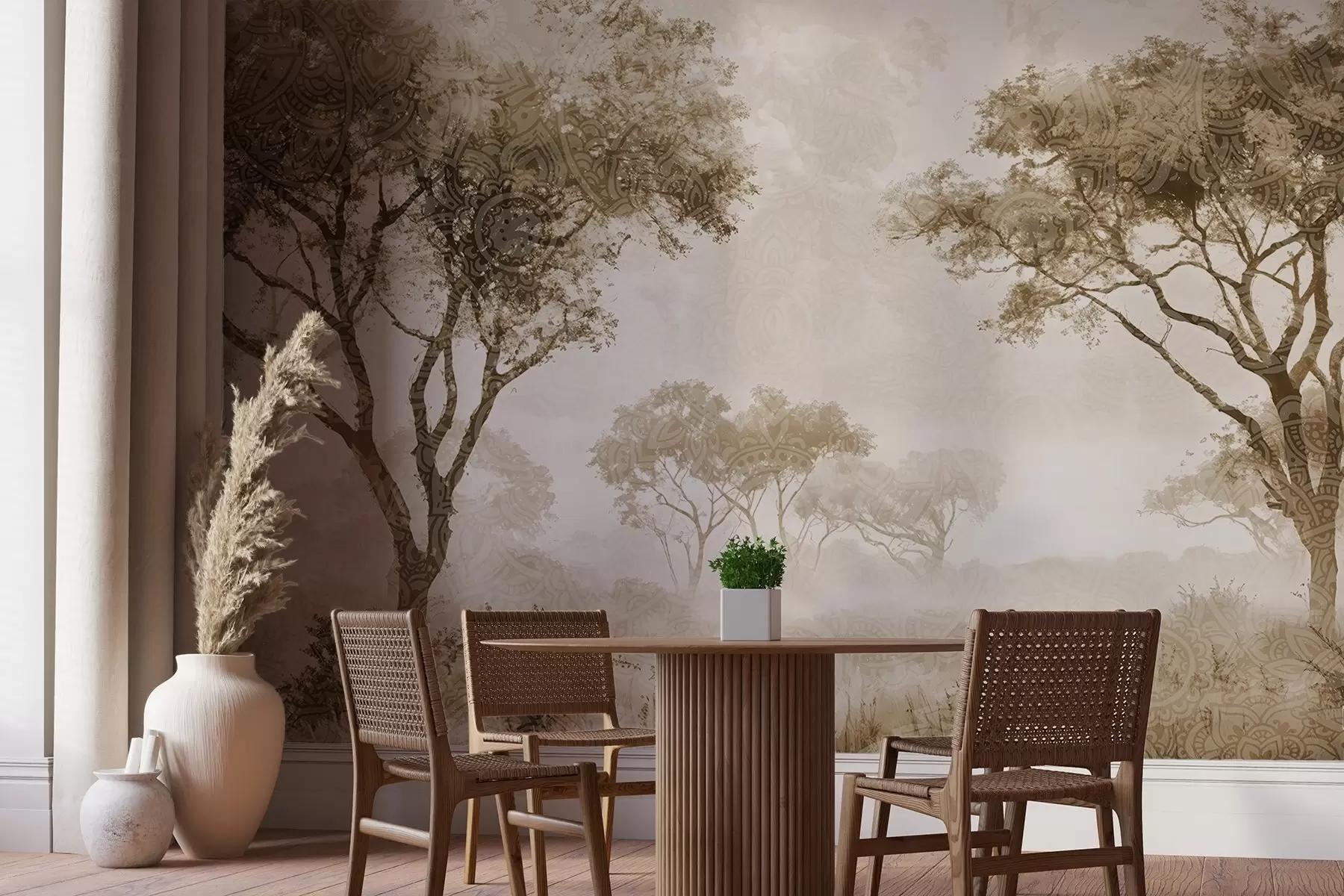 Carta da parati nature Un paesaggio nebbioso e sereno con alberi in primo piano e una nebbia soffice nei toni del marrone e del beige 