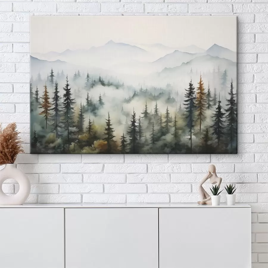 carta da parati Foresta sullo sfondo di montagne nella nebbia imitazione di acquerello nr. s41935