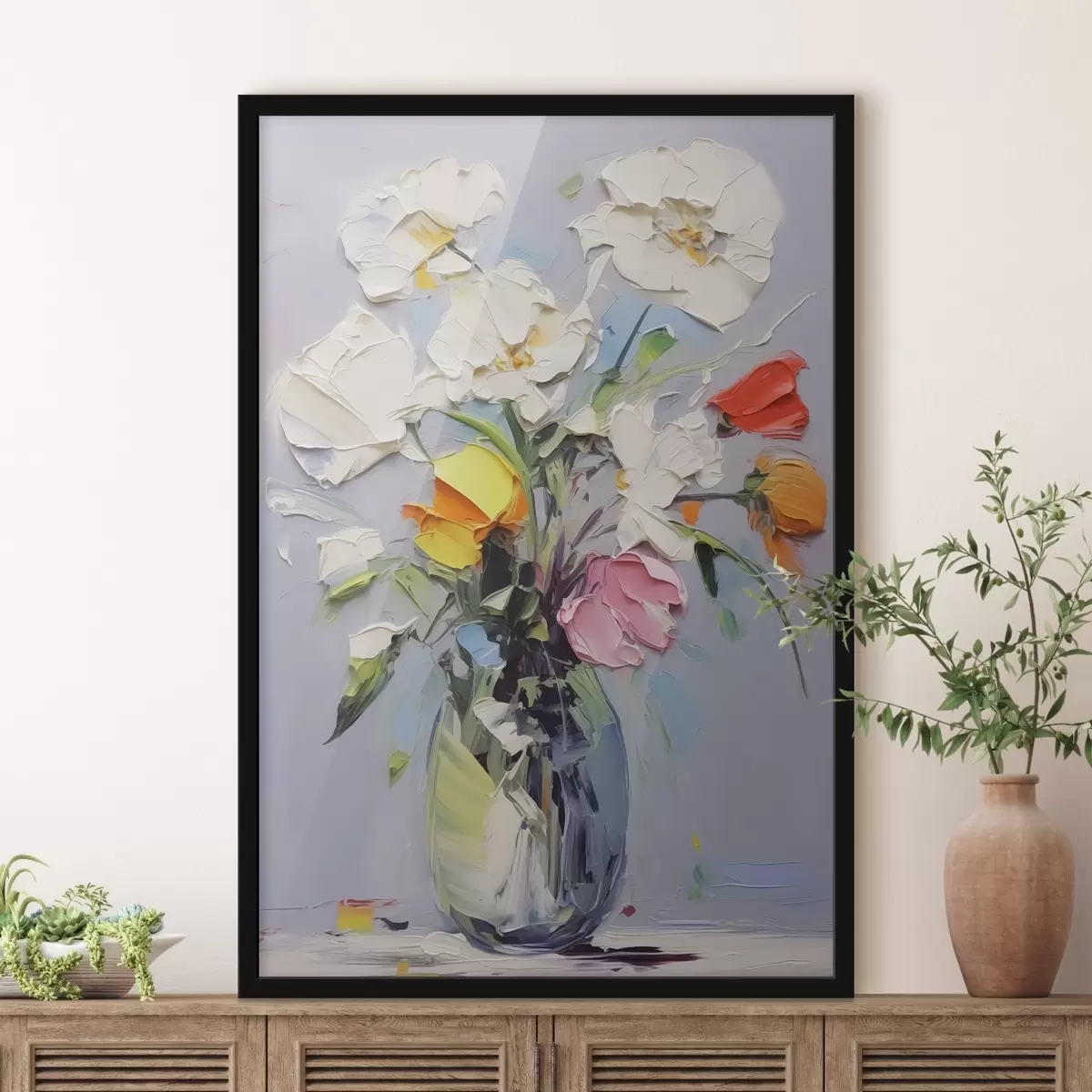 Poster Bouquet astratto di fiori in un vaso imitazione di pennellate di vernice f41936
