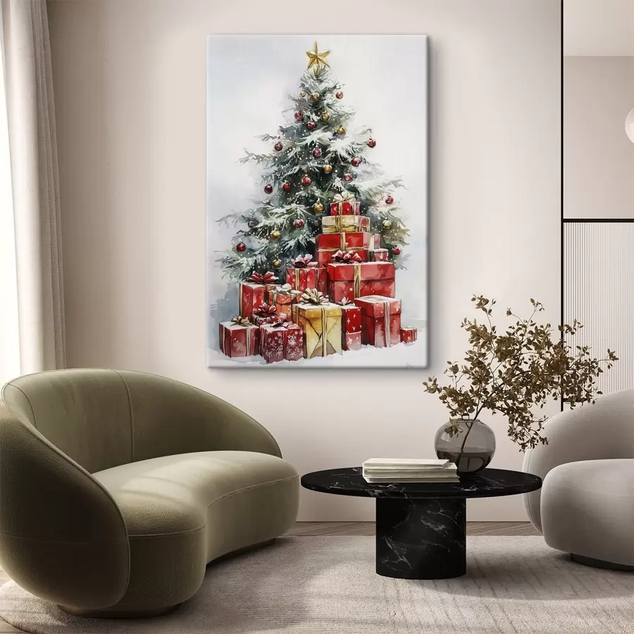 carta da parati Albero di Natale festoso con regali incartati, neve, stile acquerello nr. s41953