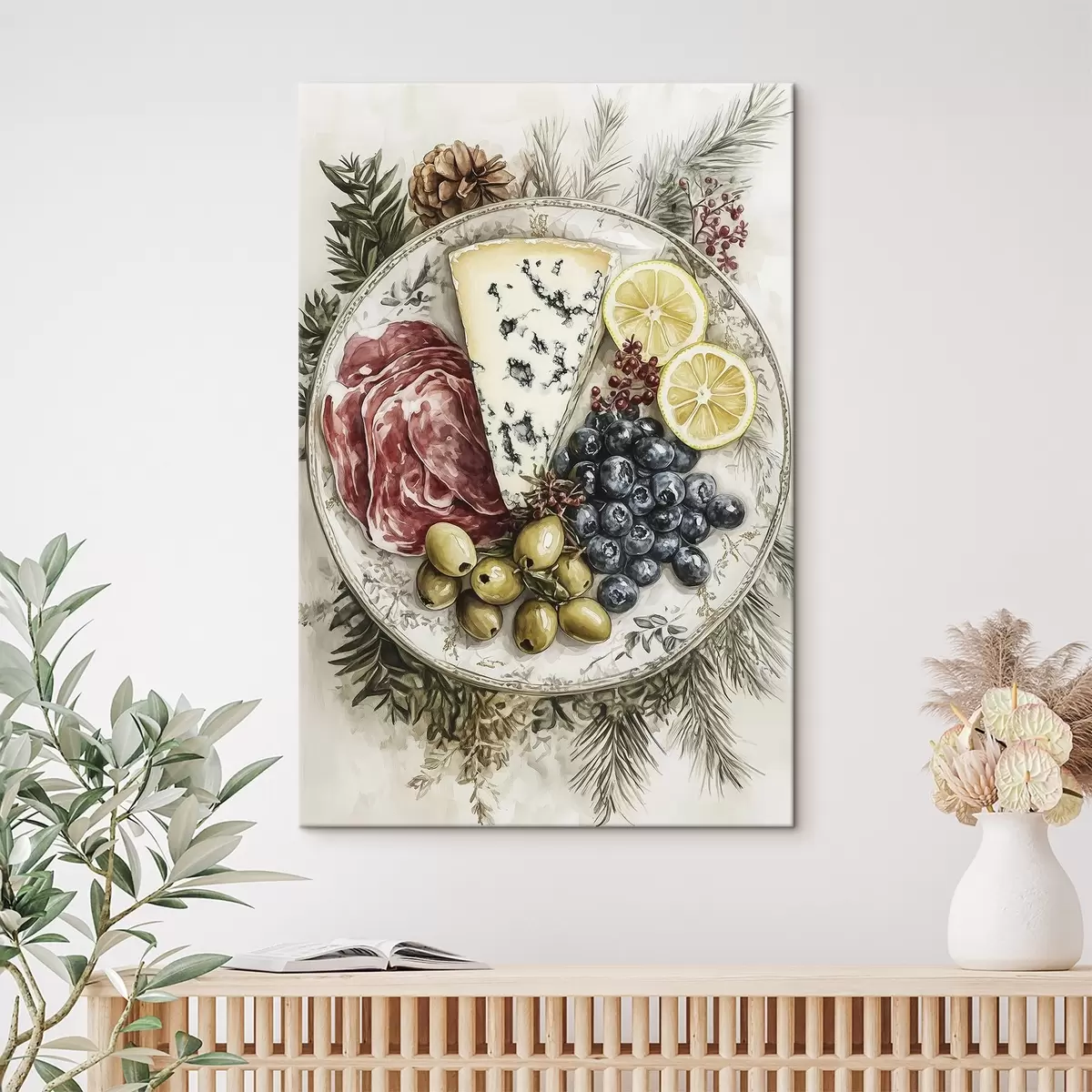 carta da parati Piatto festivo con formaggio blu, olive, jamon, limoni e mirtilli, stile acquerello alimentare nr. s41960