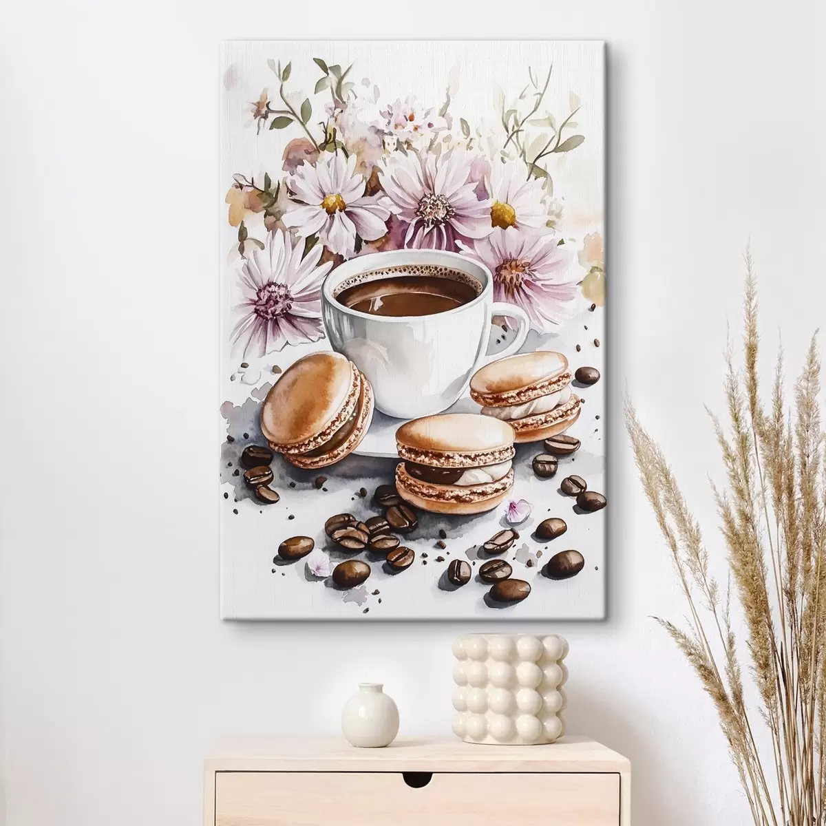 carta da parati Tazza di caffè con amaretti, fiori rosa, stile acquerello, chicchi di caffè  nr. s41963