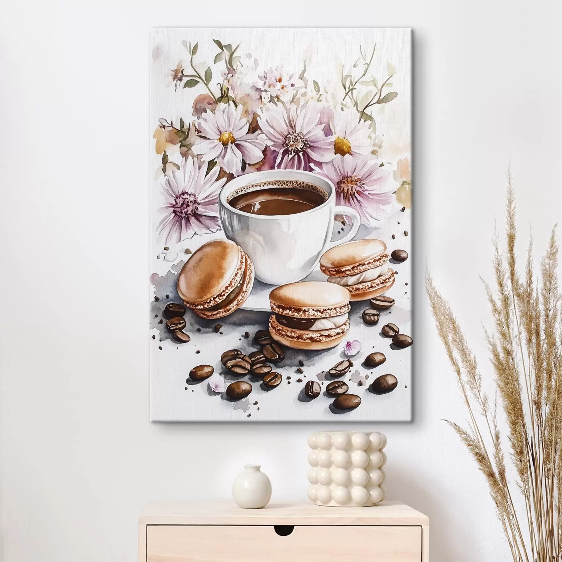 carta da parati Tazza di caffè con amaretti, fiori rosa, stile acquerello, chicchi di caffè  nr. s41963