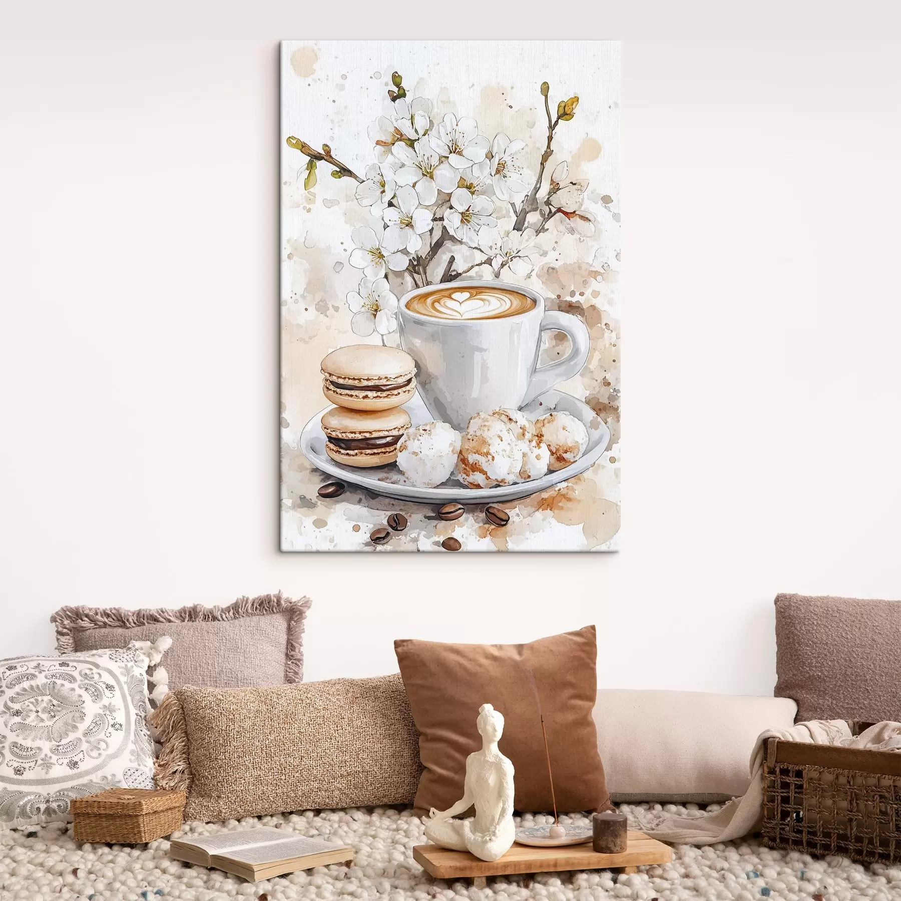 carta da parati Bella tazza di caffè, fiori di gelsomino, amaretti, colori tenui dell'acquerello nr. s41964