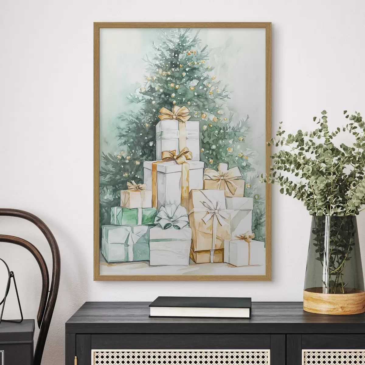Poster Albero di Natale con regali incartati, stile acquerello, festoso f41944