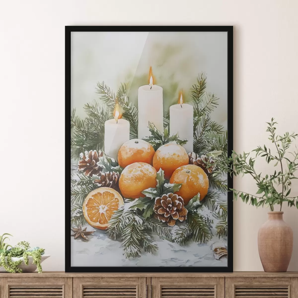 Poster Decorazioni natalizie con candele, pino, pigne e arance, stile acquerello f41951
