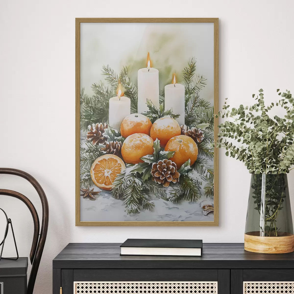Poster Decorazioni natalizie con candele, pino, pigne e arance, stile acquerello f41951
