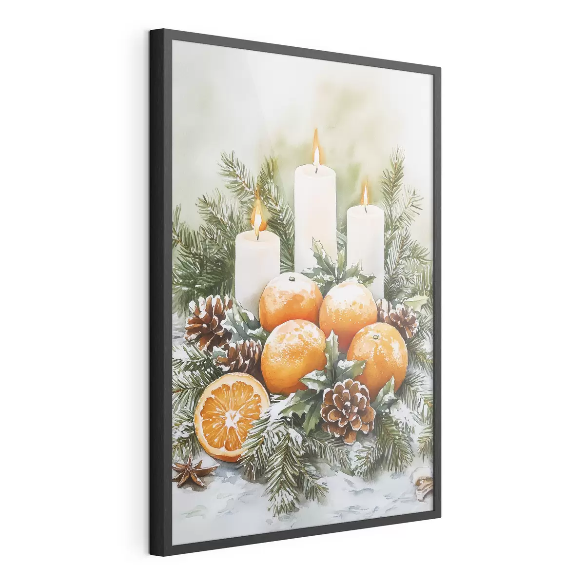 Poster Decorazioni natalizie con candele, pino, pigne e arance, stile acquerello f41951
