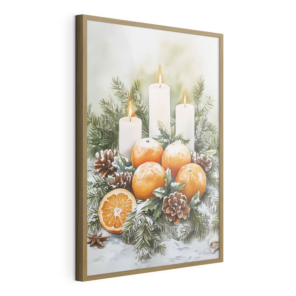 Poster Decorazioni natalizie con candele, pino, pigne e arance, stile acquerello f41951