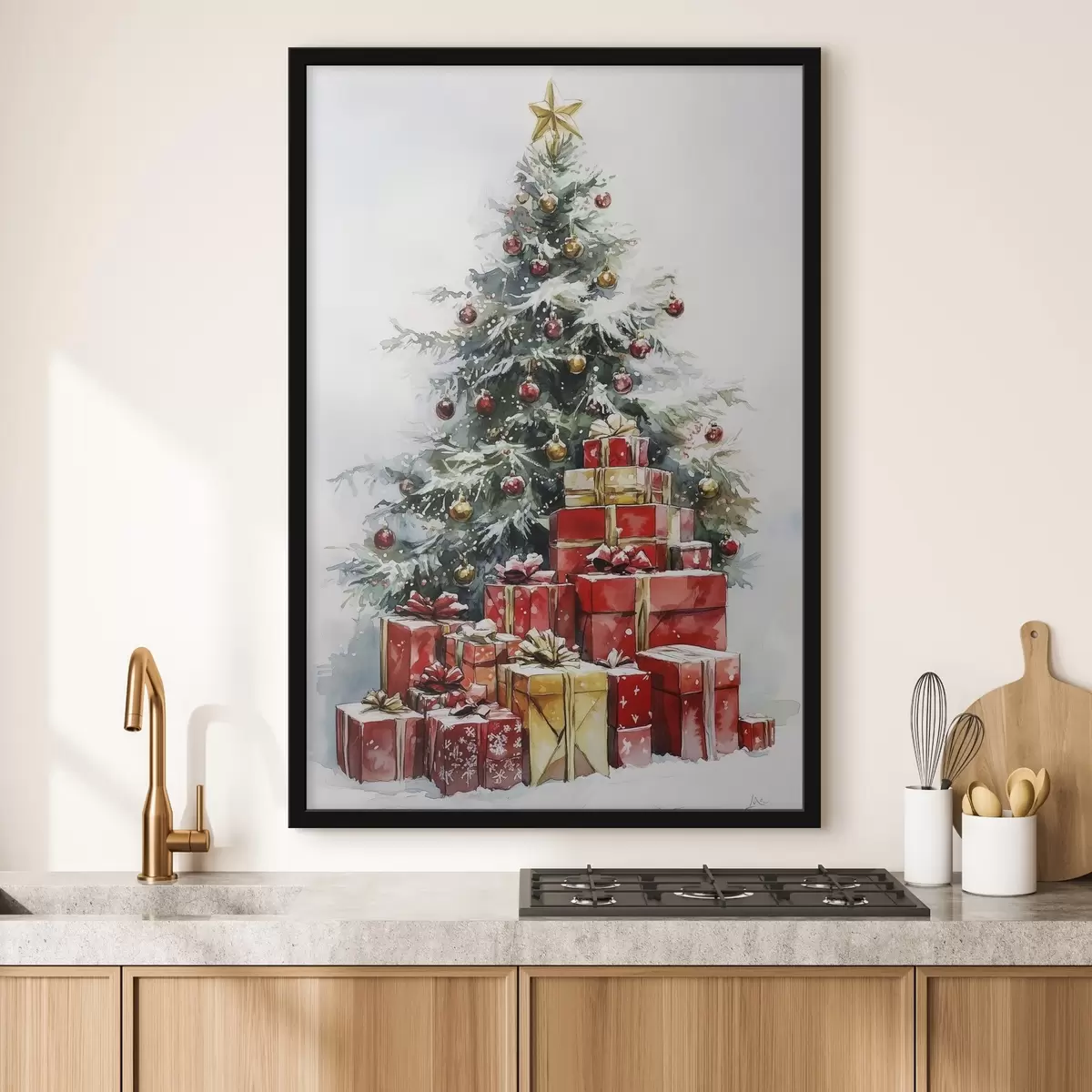 Poster Albero di Natale festoso con regali incartati, neve, stile acquerello f41953