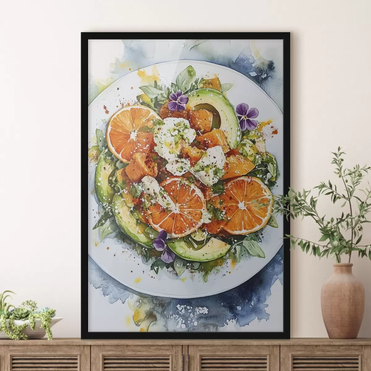 Poster Deliziosa insalata con arance, feta, zucca e avocado, acquerello alimentare f41959