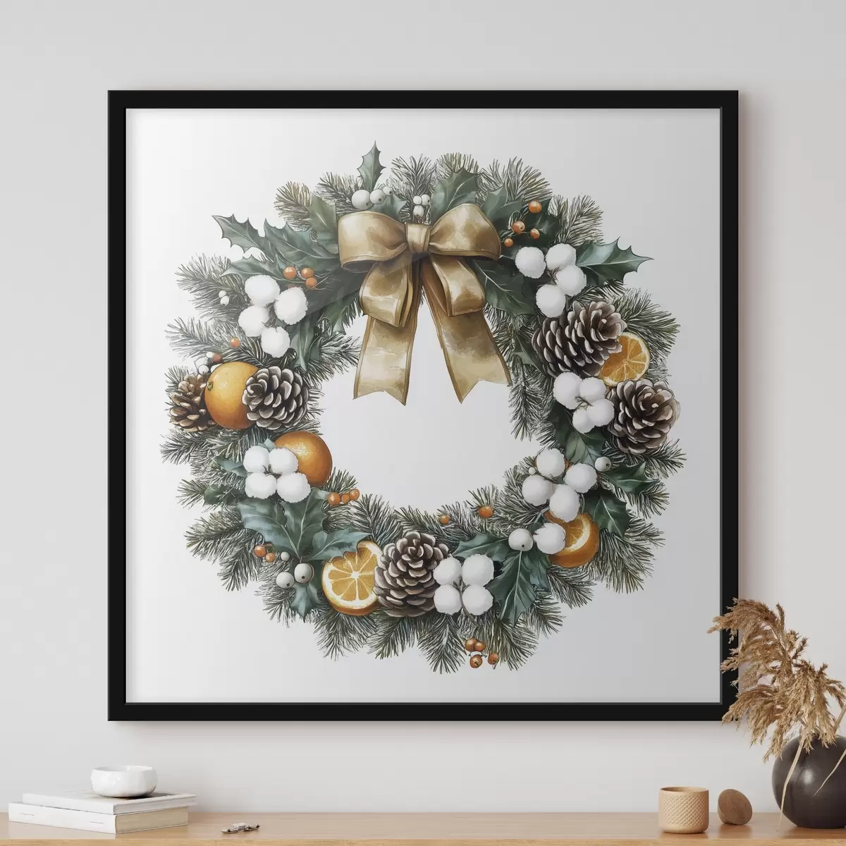 Poster Ghirlanda di pini natalizi con fiocco, cotone, arance, bacche e pigne f41962