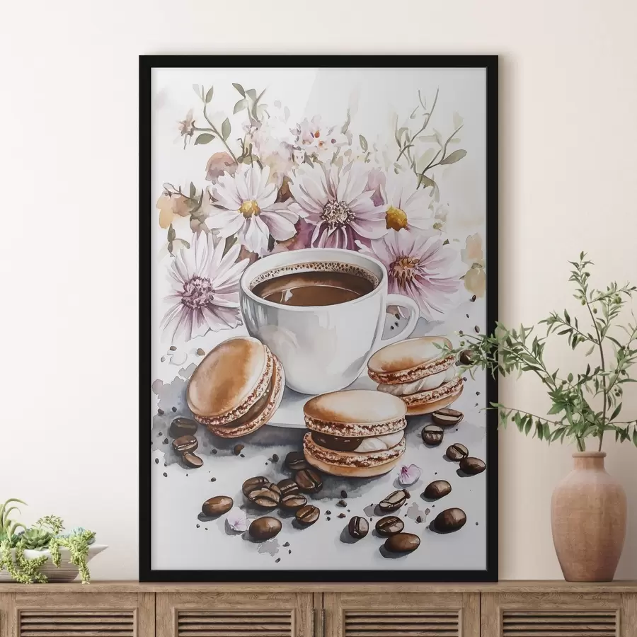 carta da parati Tazza di caffè con amaretti, fiori rosa, stile acquerello, chicchi di caffè nr. f41963
