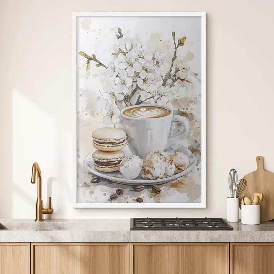 carta da parati Bella tazza di caffè, fiori di gelsomino, amaretti, colori tenui dell'acquerello nr. f41964