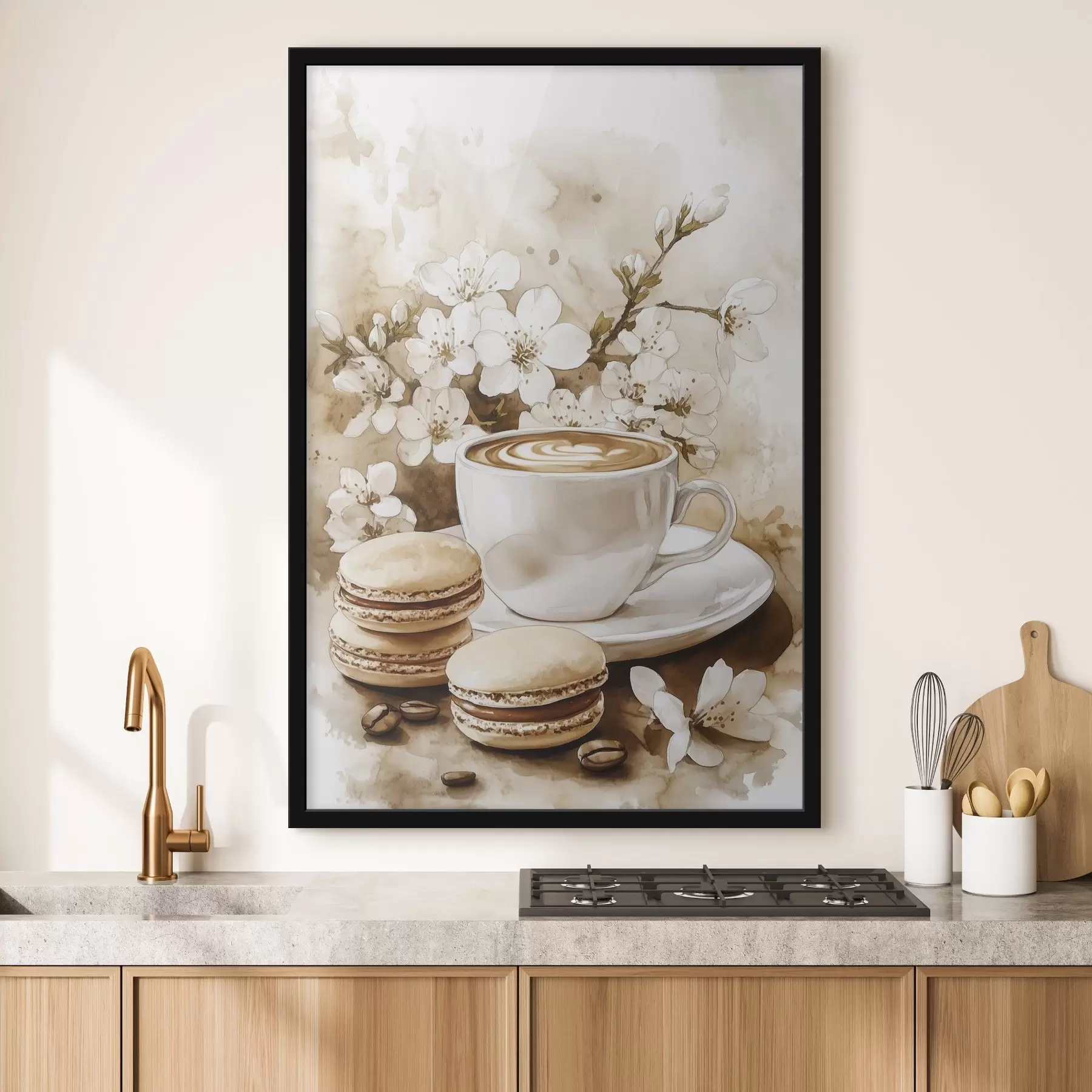 carta da parati Macaron, tazza di caffè, stile acquerello, colori beige, fiori di gelsomino nr. f41965