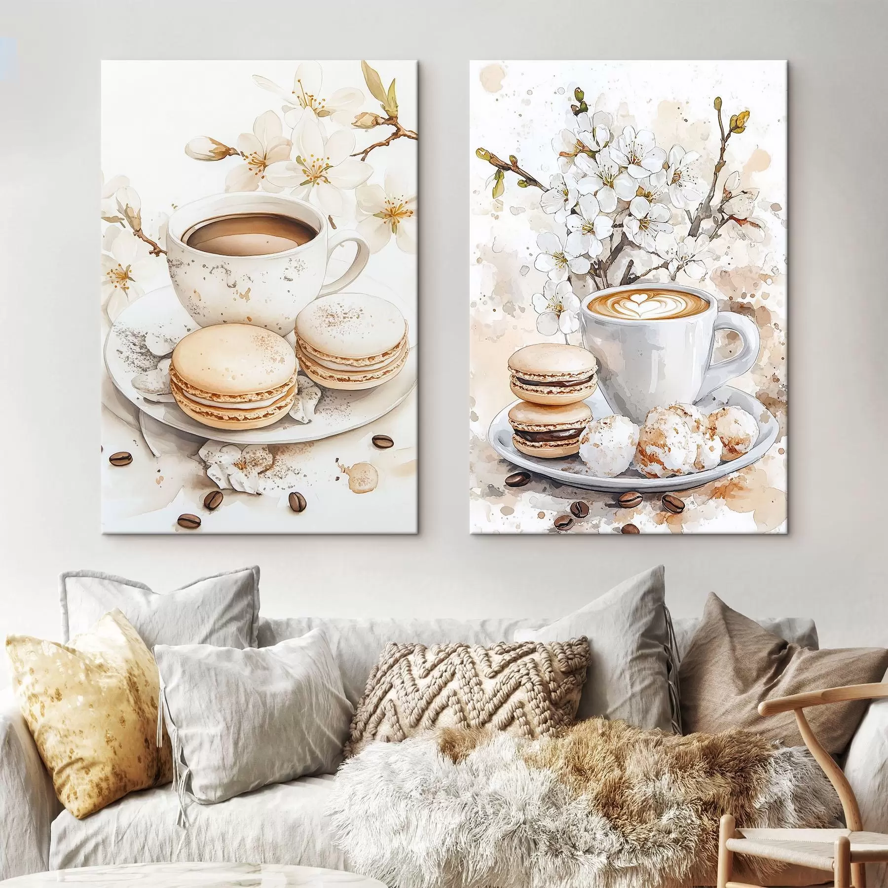 carta da parati Tazza di caffè con amaretti, fiori di gelsomino, stile acquerello, chicchi di caffè, colori beige nr. m00387