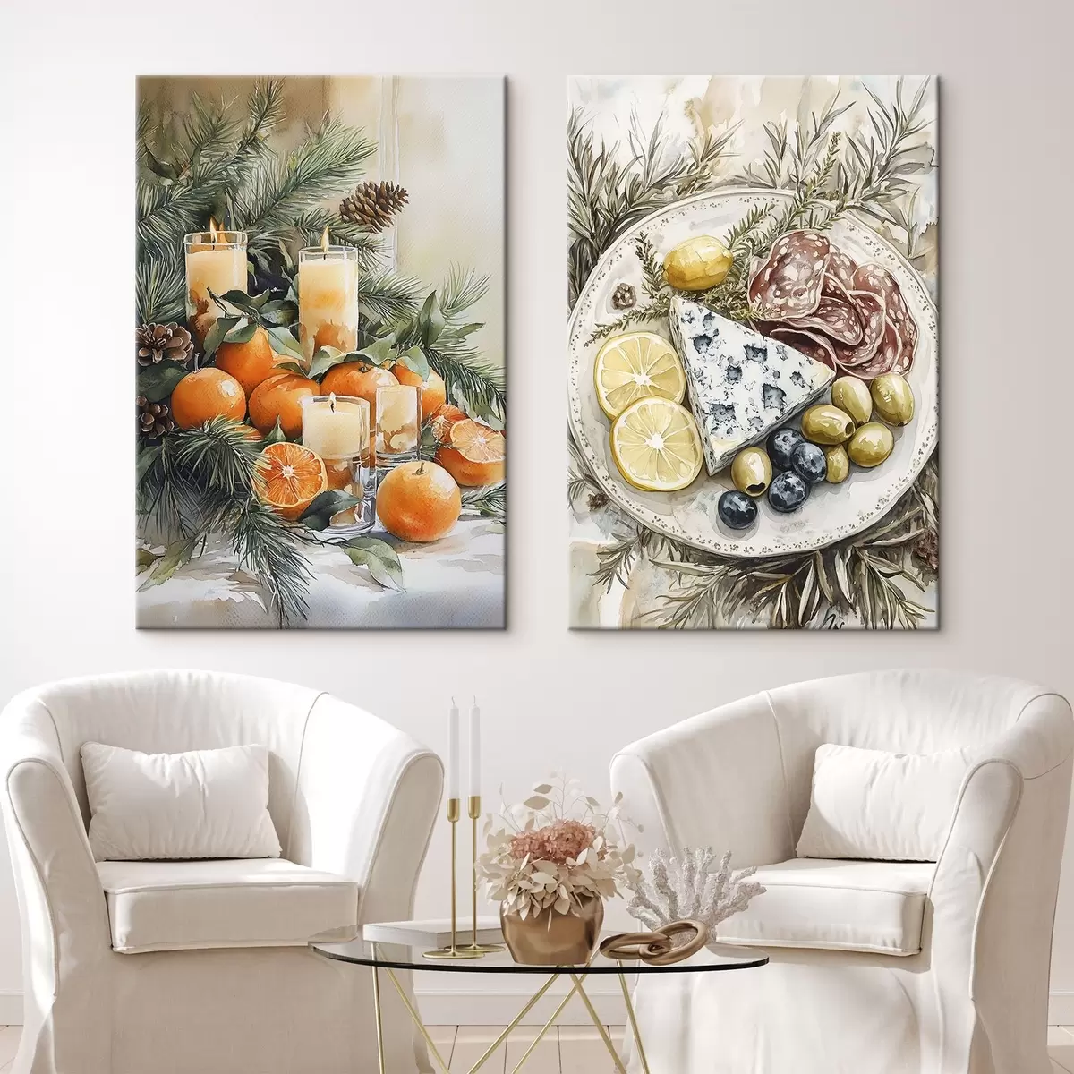 carta da parati Decorazioni festive con arance, candele e alberi di pino, cibo in stile acquerello, formaggio blu, salame, olive nr. m00389