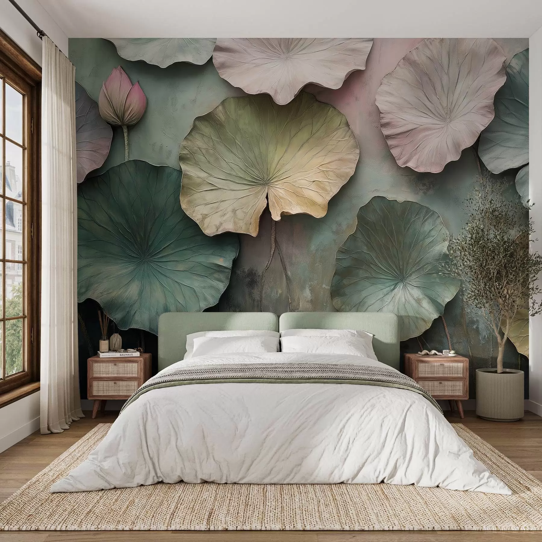 Carta da parati Floreale foglie di loto in stile pastello con effetto volume n. w02441