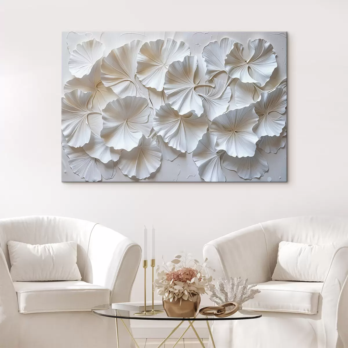 carta da parati Delicati fiori bianchi disposti in un motivo naturale e organico su uno sfondo chiaro nr. s39510