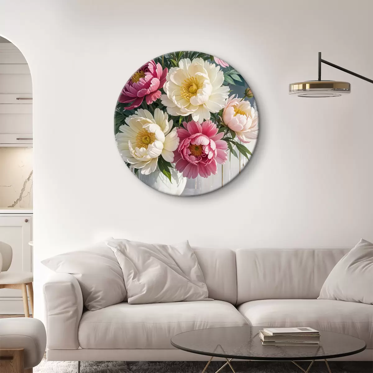 Quadri rotondi Un bouquet di vivaci fiori di peonia in varie tonalità di rosa, bianco e giallo con schizzi di vernice r40403