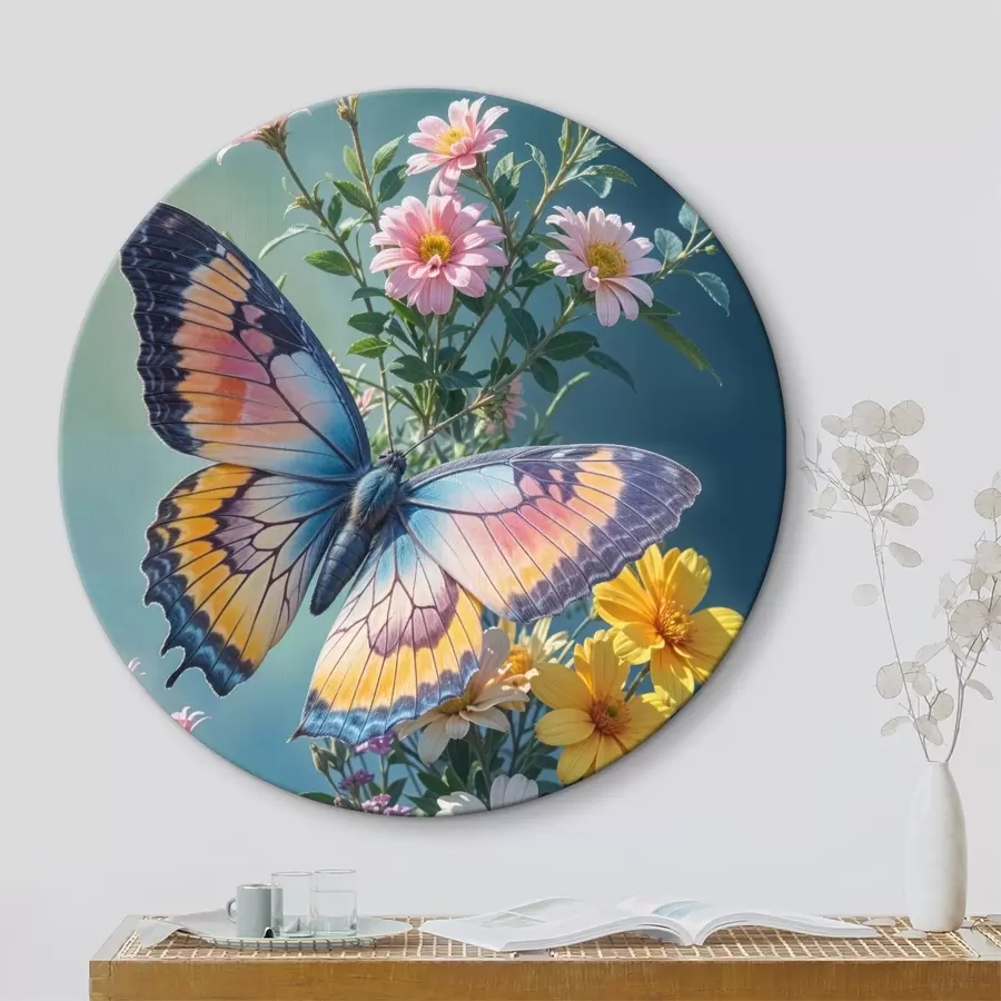 carta da parati Una grande e colorata farfalla appollaiata su un mazzo di fiori rosa e gialli su uno sfondo verde scuro nr. r40411