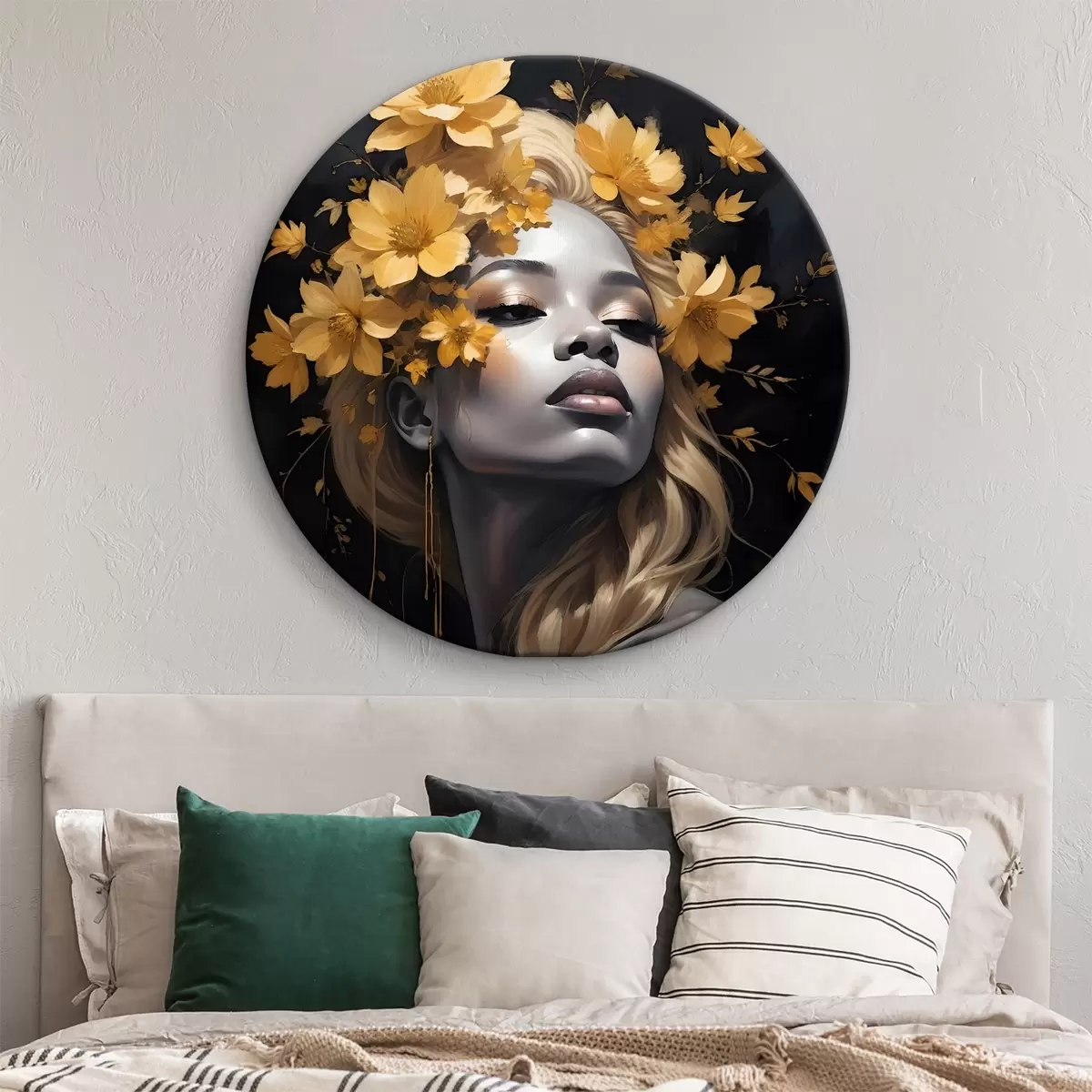 Quadri rotondi Ritratto di giovane donna circondata da foglie gialle autunnali su sfondo scuro r38834