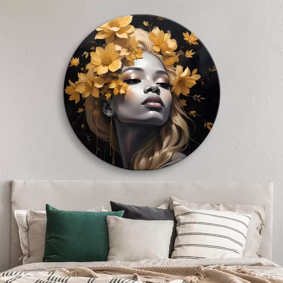 carta da parati Ritratto di giovane donna circondata da foglie gialle autunnali su sfondo scuro nr. r38834