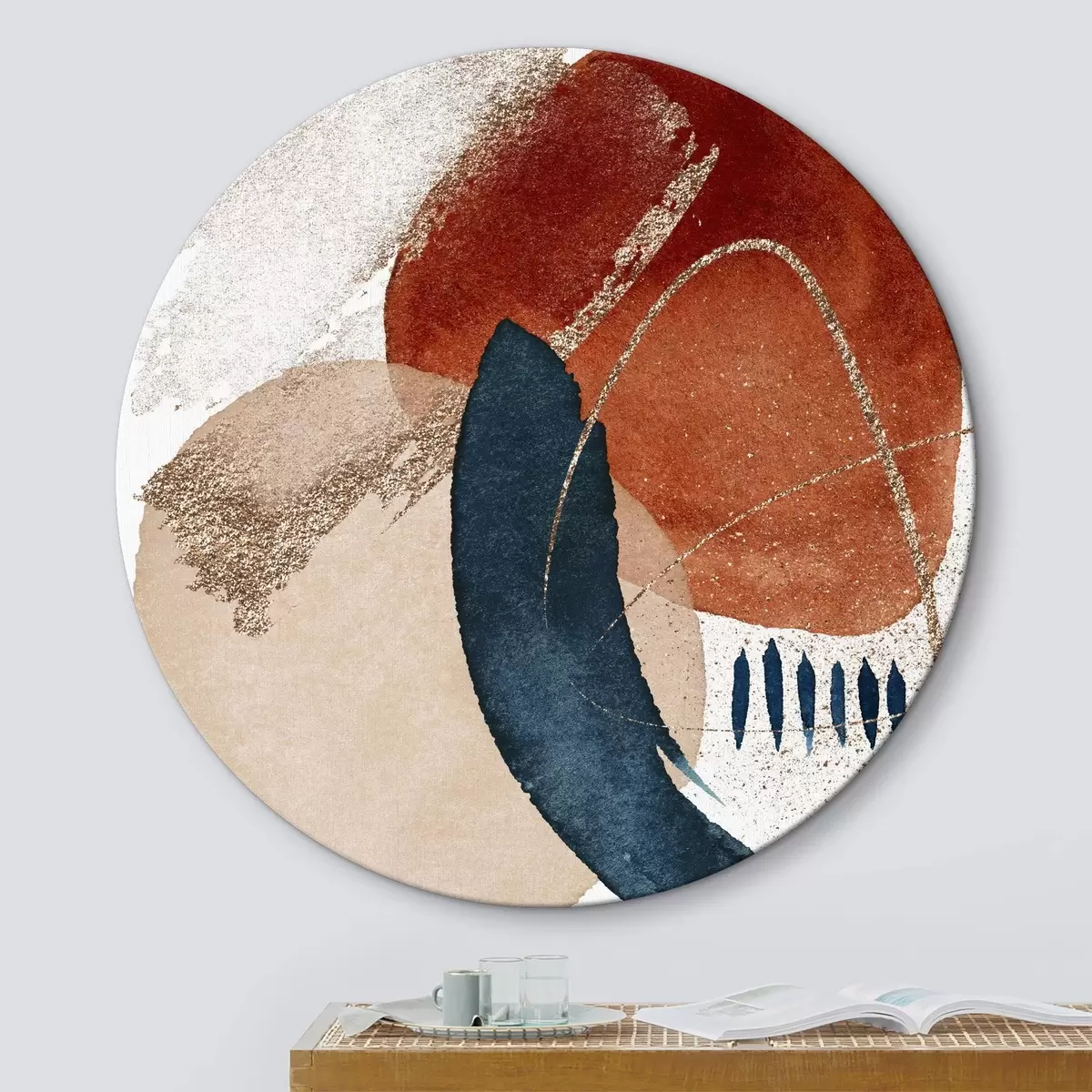 Quadri rotondi Viaggio astratto: Armonia di terracotta e blu profondo r35954