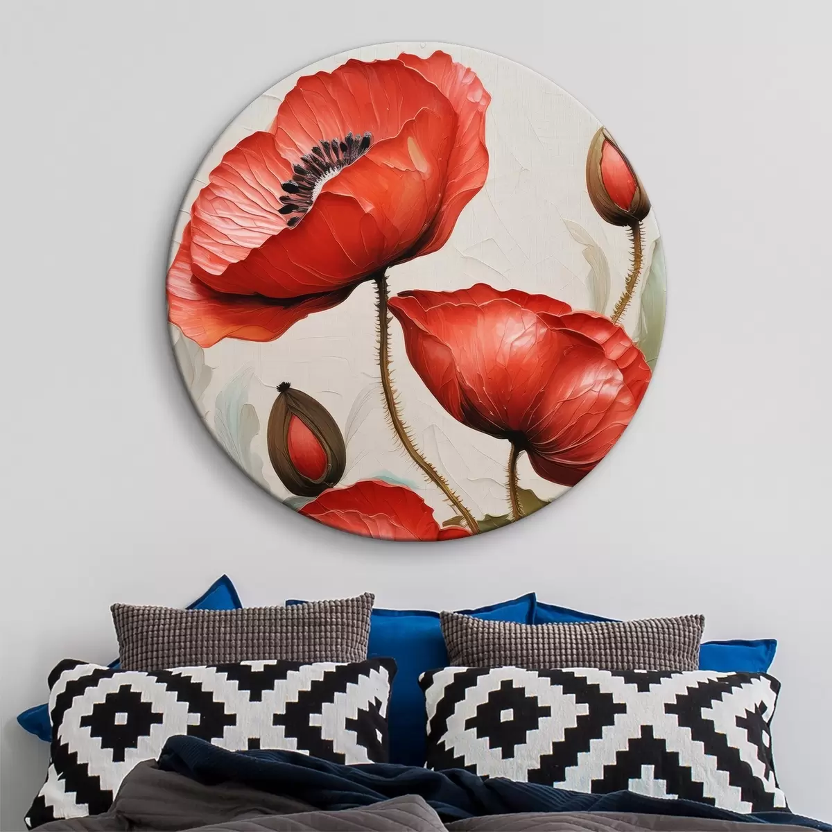 Quadri rotondi Bellissimi papaveri rossi con colori ad olio r38734