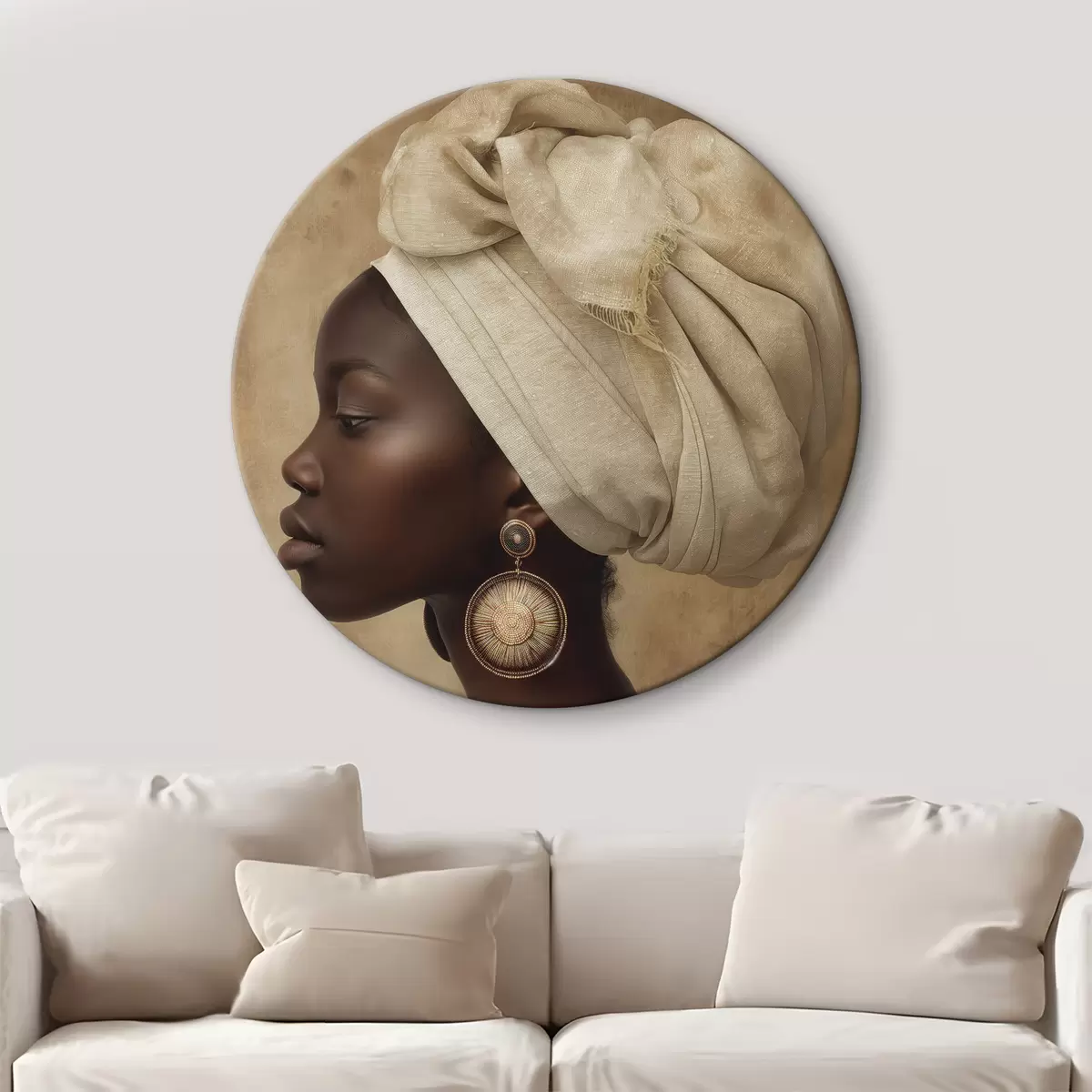 Quadri rotondi ritratto beige di una donna in stile africano di profilo con grandi orecchini r26120