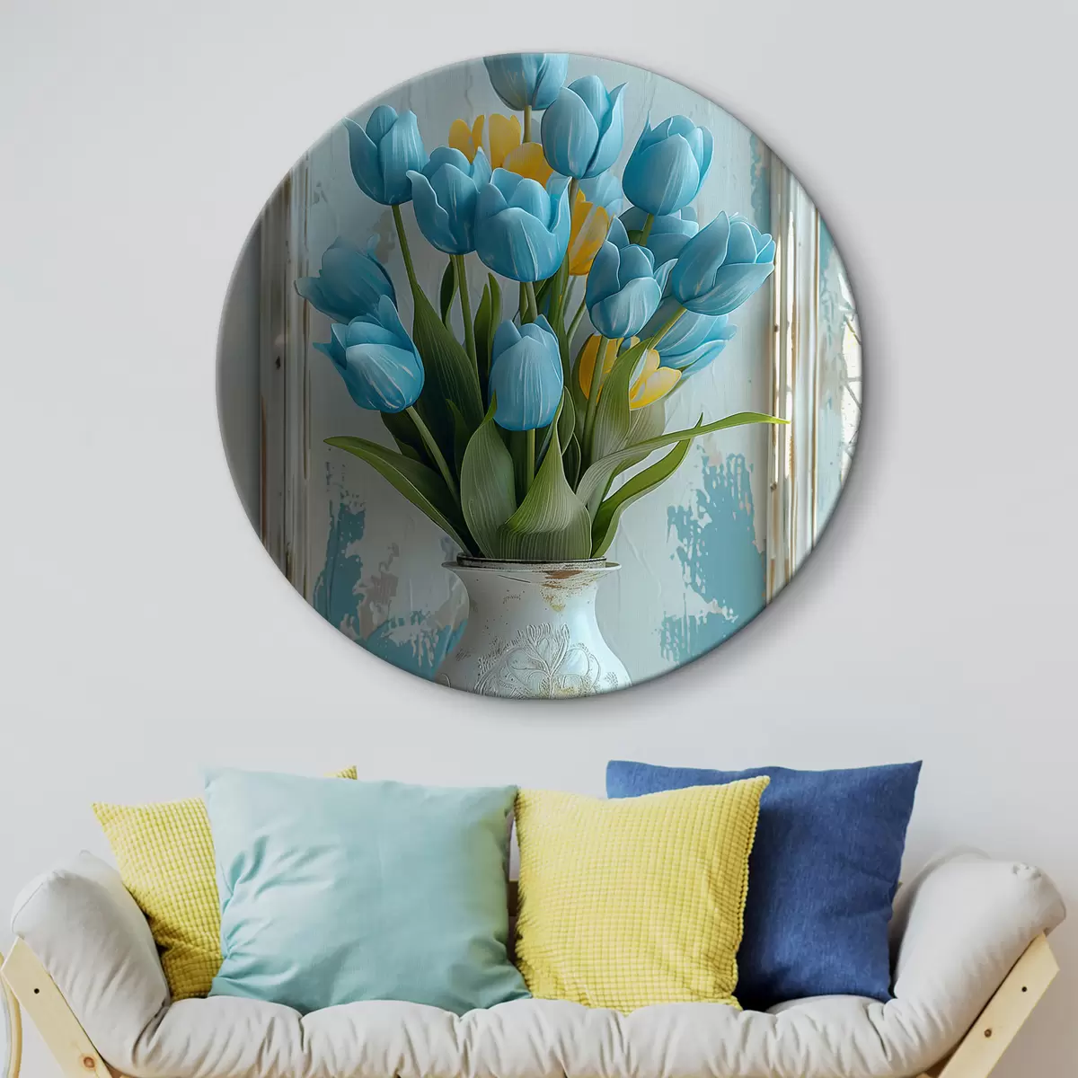 Quadri rotondi Tulipani blu e gialli in 3D: elegante quadro da parete con cornice bianca, sfondo bianco e azzurro e vaso inciso r39636