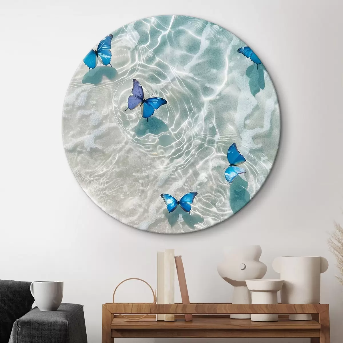 Quadri rotondi Farfalle blu su un'onda del mare r39228