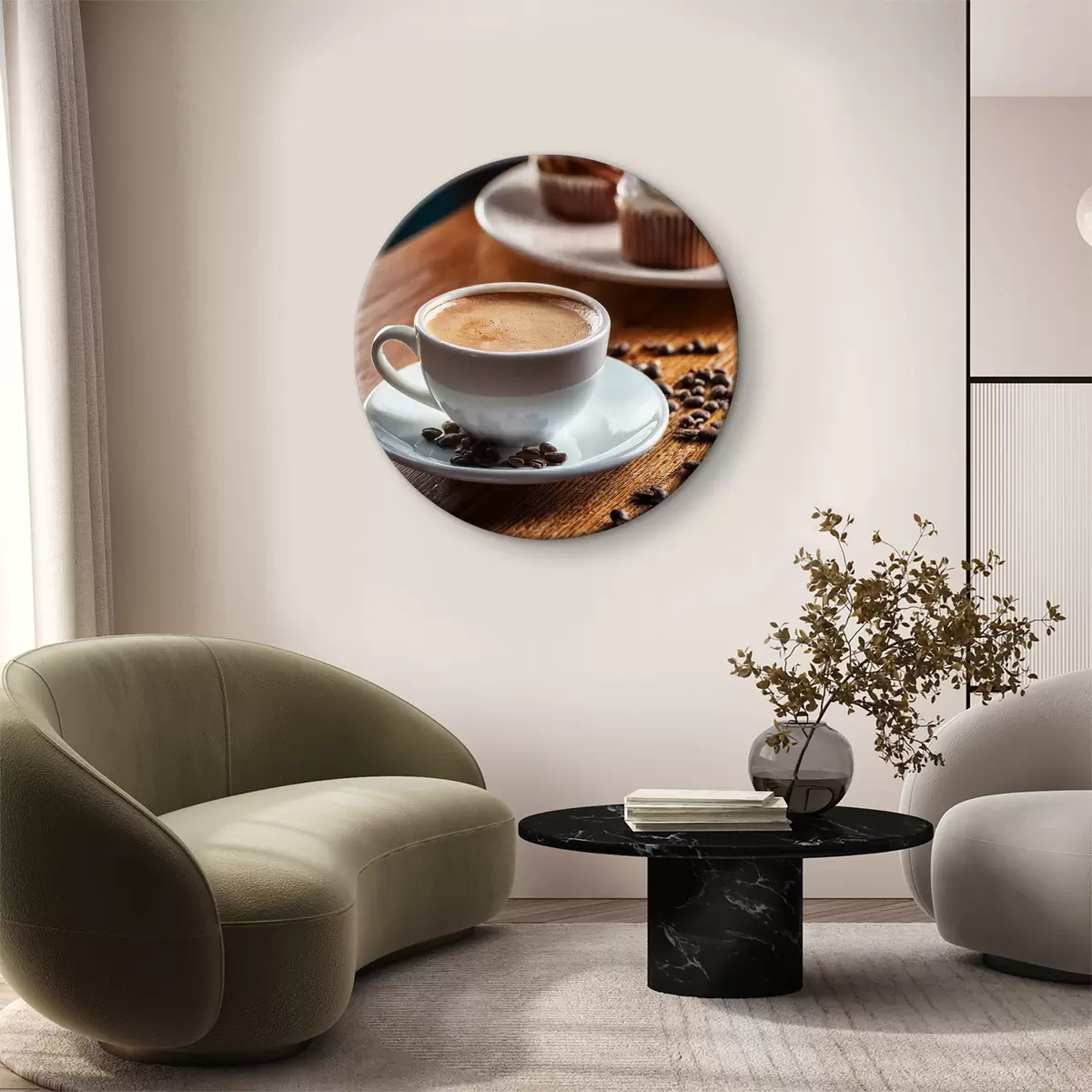 Quadri rotondi tazza di caffè, chicchi di caffè, torte, natura morta r40417