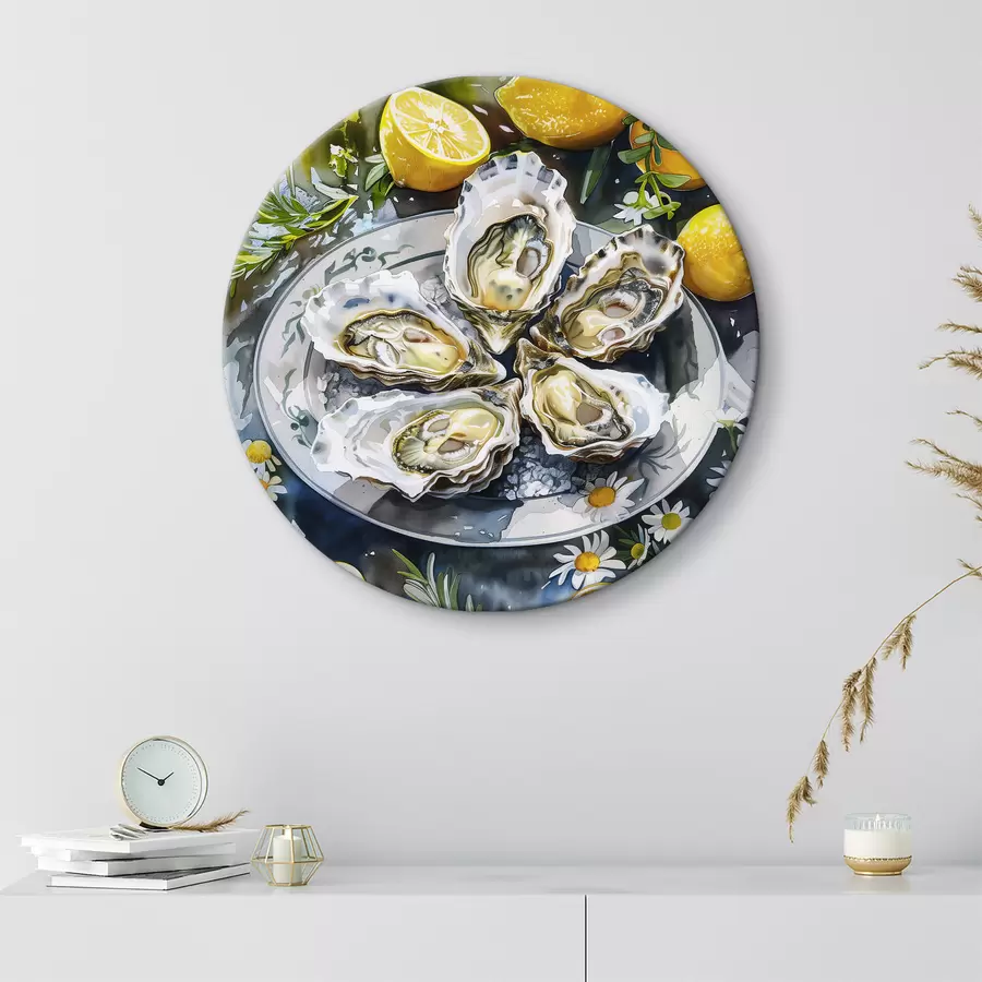 carta da parati Ostriche eleganti nel piatto, limoni e fiori, colori estivi, mediterranei nr. r39710