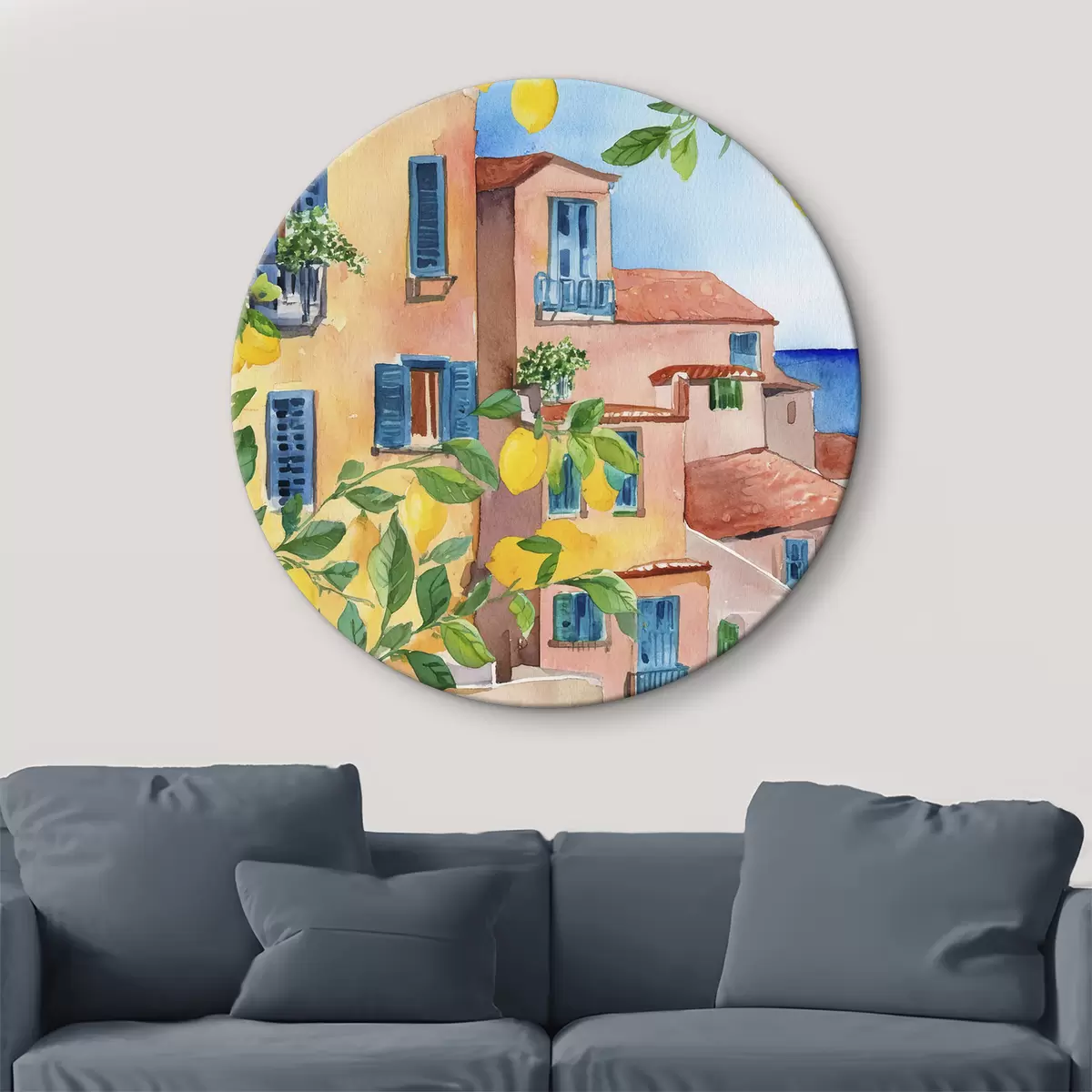 Quadri rotondi Architettura della città italiana, costa del mare, estate, acquerello, albero di limone r38395