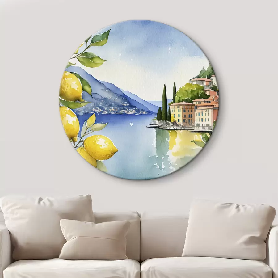 carta da parati Lago italiano, estate, acquerello, paesaggio naturale, limoni, architettura cittadina nr. r38394