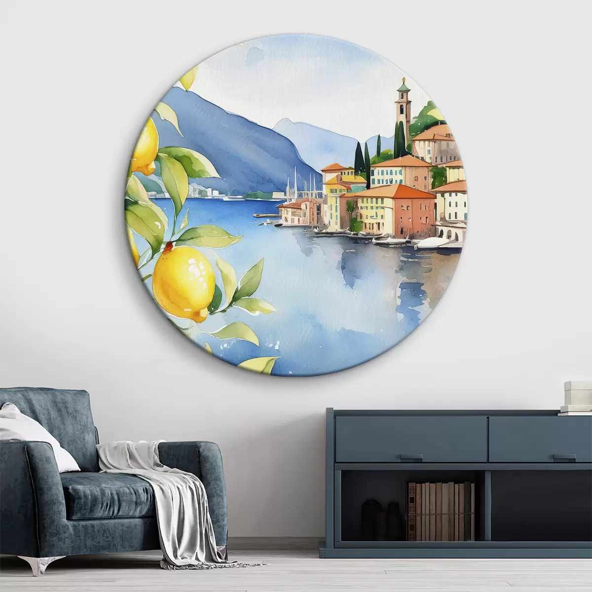 Quadri rotondi Lago italiano, estate, acquerello, paesaggio naturale, limoni, architettura cittadina r38397
