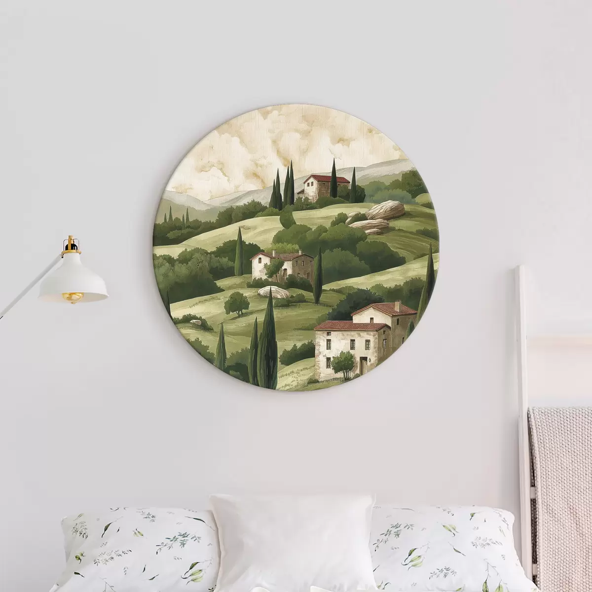 Quadri rotondi Paesaggio con case d'epoca, colori verde pastello, disegno acrilico, rustico r40080