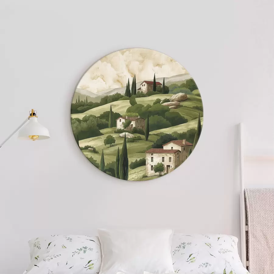 carta da parati Paesaggio con case d'epoca, colori verde pastello, disegno acrilico, rustico nr. r40080