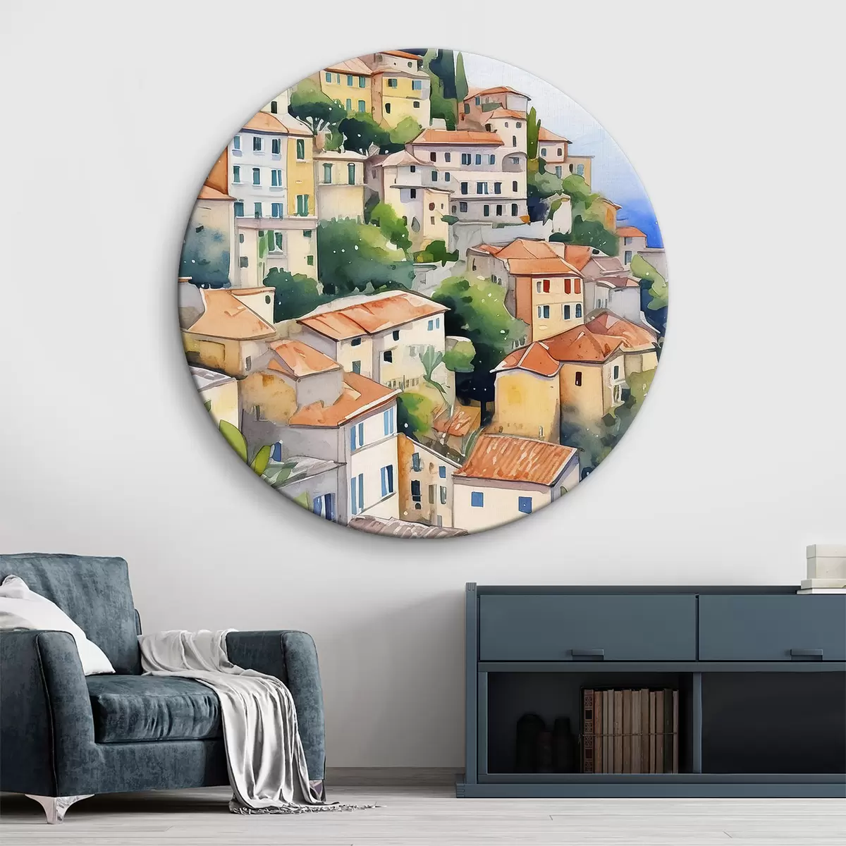 Quadri rotondi Architettura mediterranea, acquerello, estate, arance, città vecchia r38396