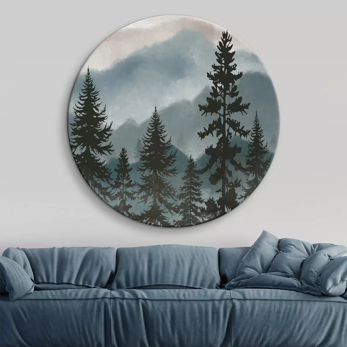 Quadri rotondi Paesaggio montano con abeti in acquerello r37017