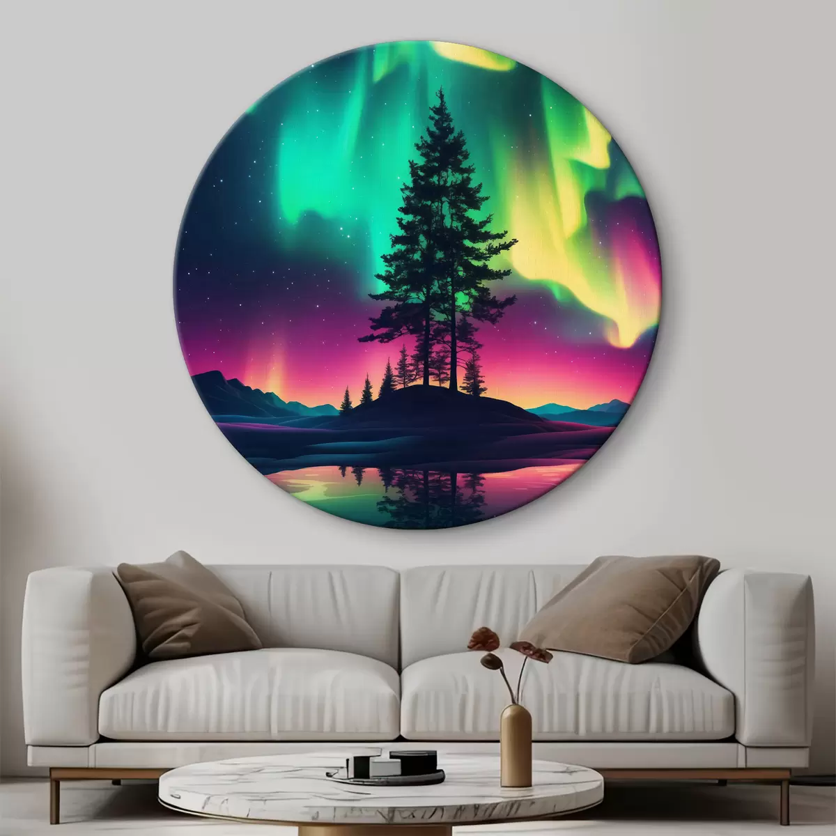 Quadri rotondi Aurora boreale sugli alberi di Natale r39366