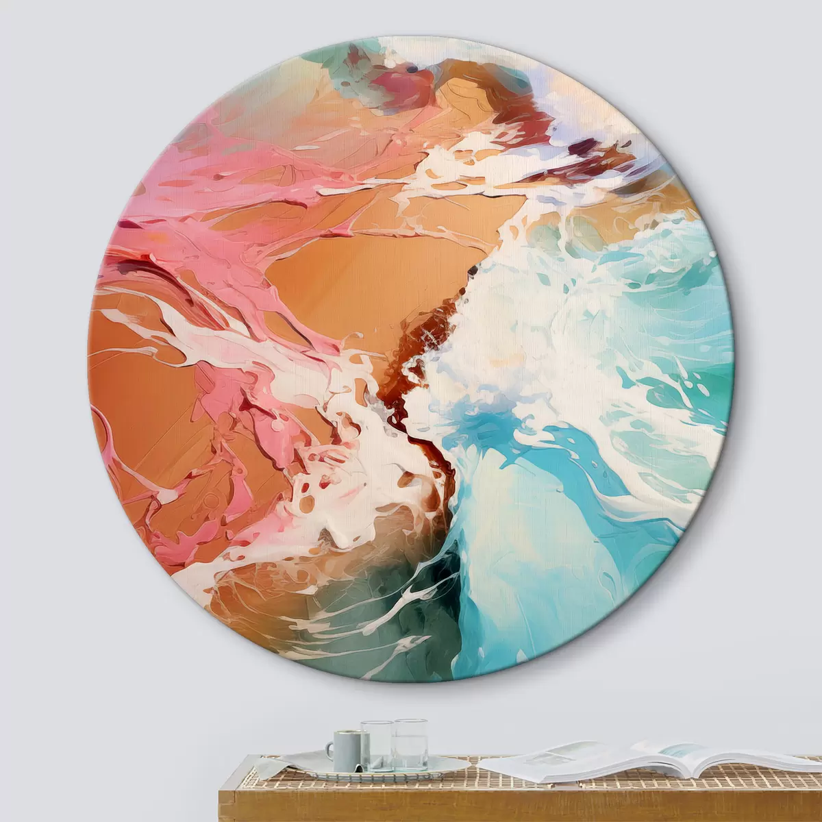 Quadri rotondi Pittura astratta a olio onda del mare e spiaggia sabbiosa, colore blu, azzurro, rosa, giallo r39123