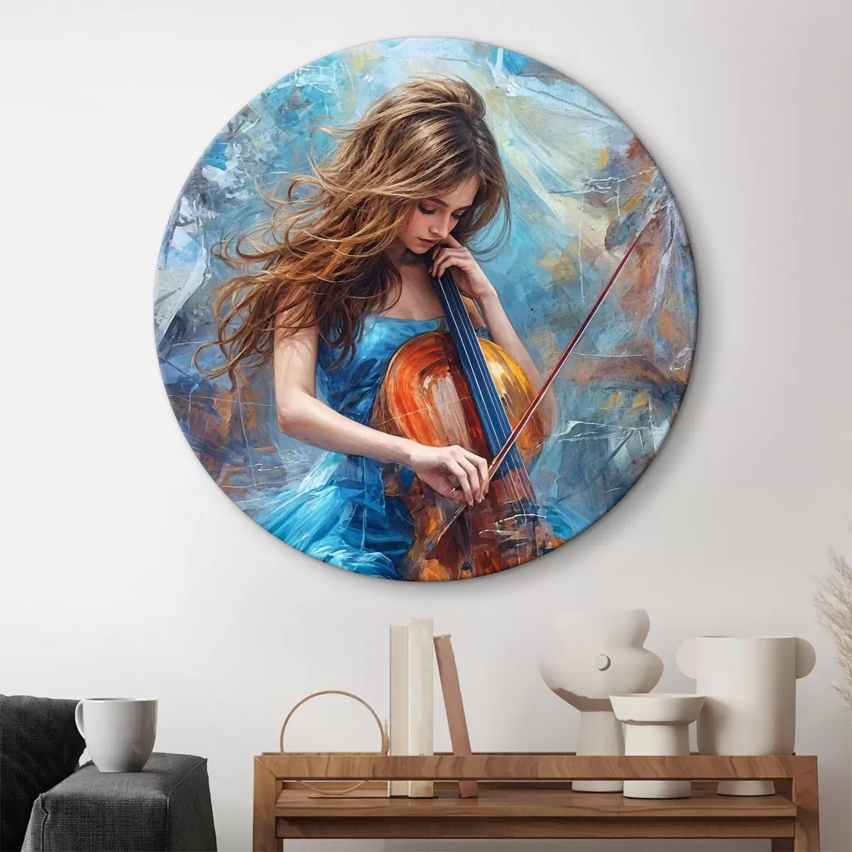 Quadri rotondi Dipinto ad olio di una giovane donna con lunghi capelli rossi fluenti che suona un violoncello su sfondo astratto r38956