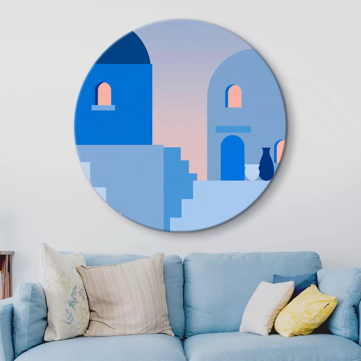 Quadri rotondi Architettura in stile orientale, case geometriche, colori del sole nascente r37133