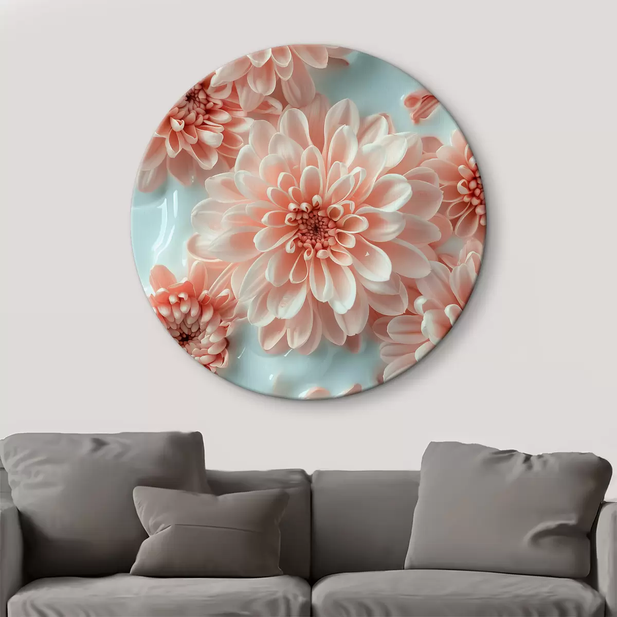 Quadri rotondi Crisantemi rosa su fondo latte: una composizione floreale con una spruzzata di latte r39642