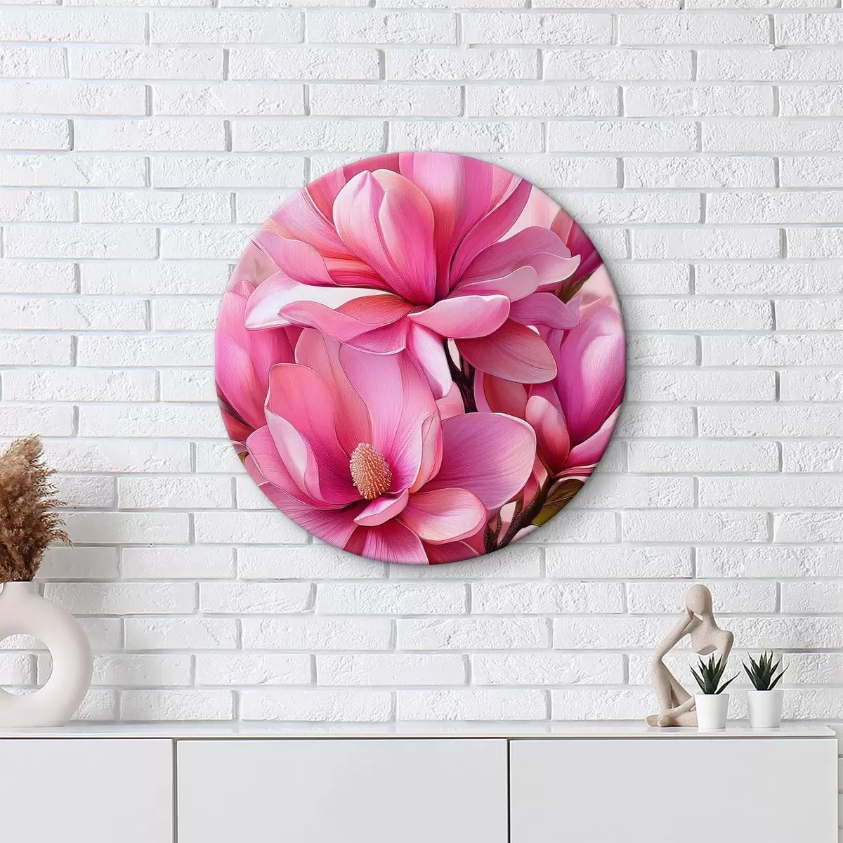 Quadri rotondi magnolie rosa, fiori grandi, fiori rosa brillante r40424