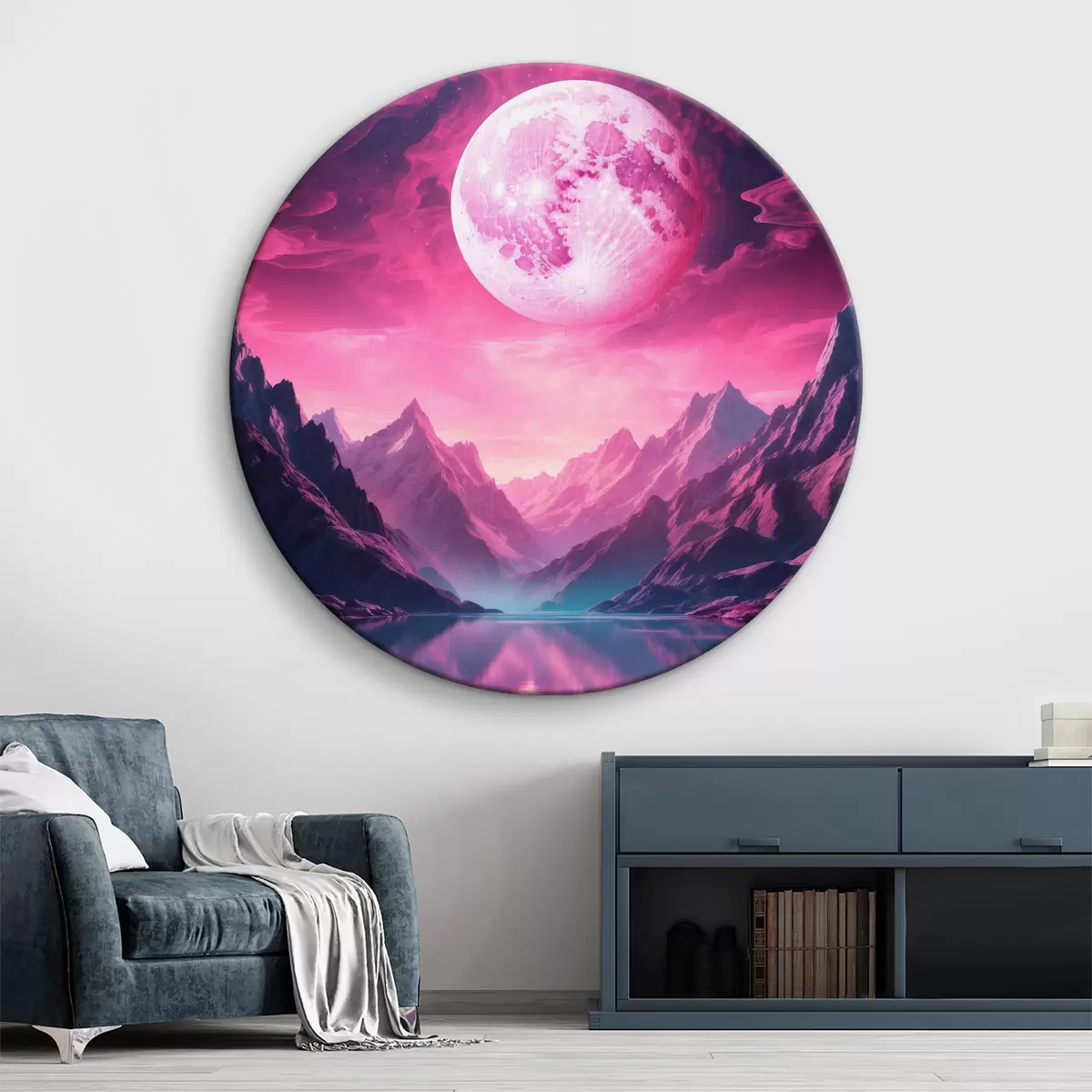 Quadri rotondi Luna rosa sopra un lago r39361