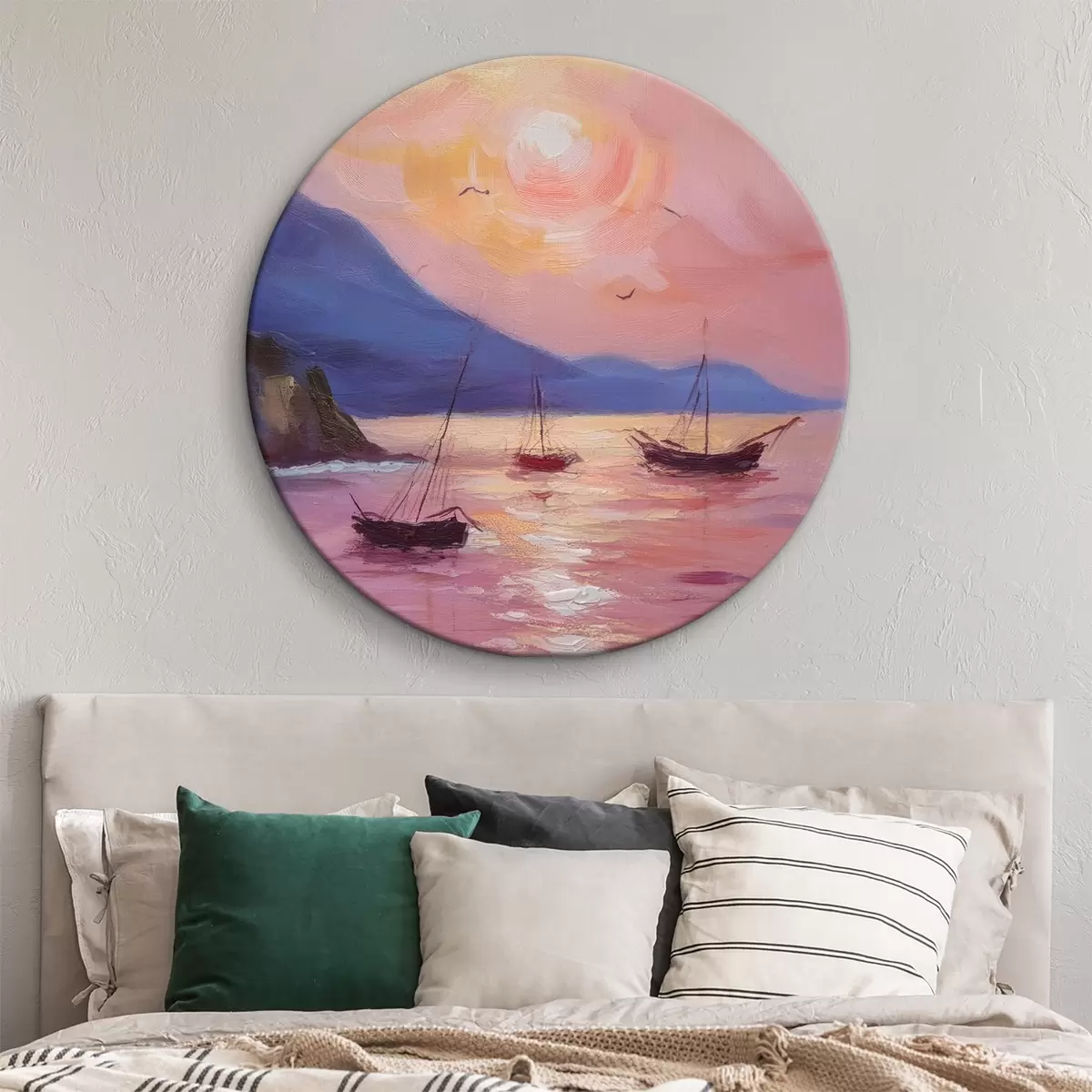 Quadri rotondi Alba rosa sul mare, con colori ad olio r38731