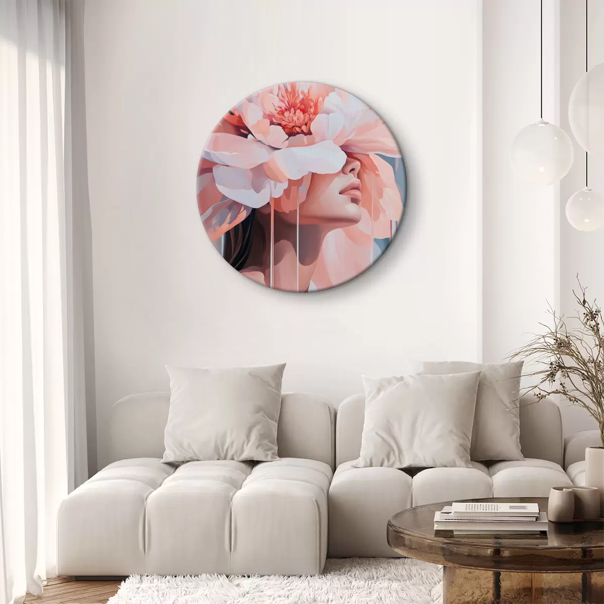 Quadri rotondi Ritratto di una donna con un grande fiore rosa sulla testa r40430